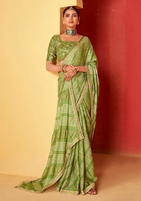 Green Foil Print Saree Set