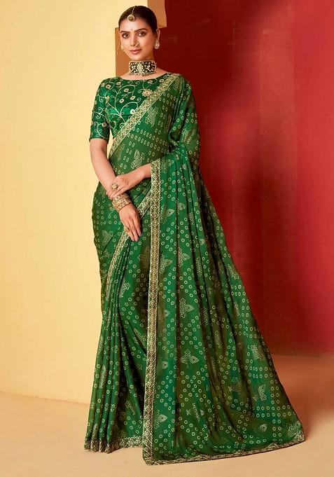Pine Green Foil Print Saree Set