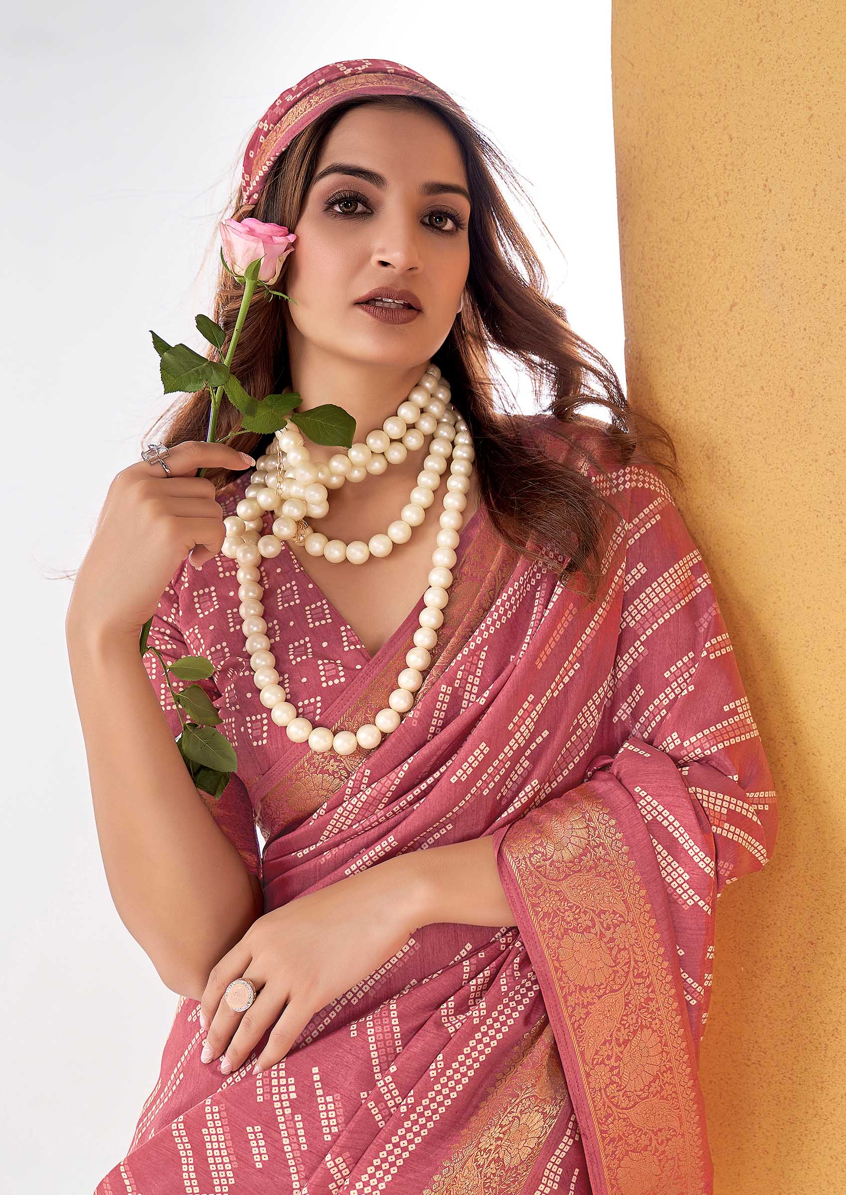 Buy Women Dark Rose Bandhani Print Saree Set - XSR05602 Buy Women Dark Rose Bandhani Print Saree Set - XSR05602
