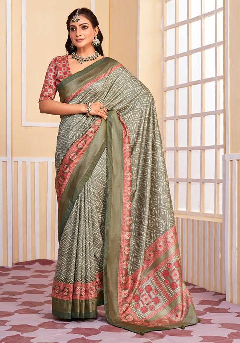 Olive Green Bandhani Print Saree Set