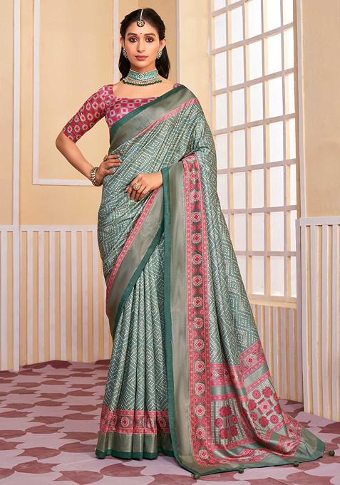 Green And Grey Bandhani Print Saree Set