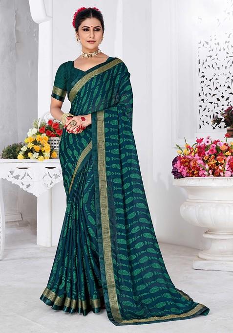 Deep Blue And Green Bandhani Print Saree Set