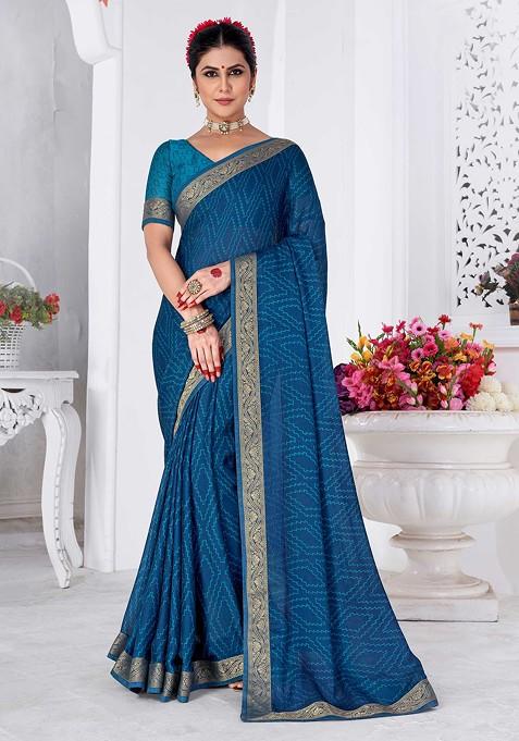 Light Navy Blue Bandhani Print Saree Set