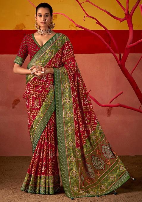 Red And Wine Patola Print Saree Set