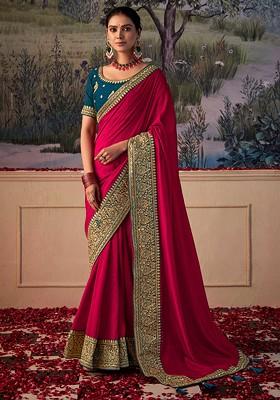 Wine And Red Gota Patti Saree Set