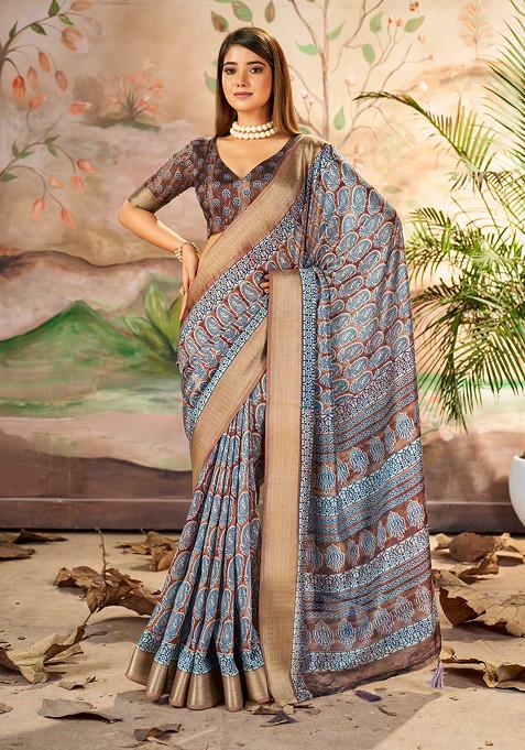 Brown And Grey Paisley Print Saree Set