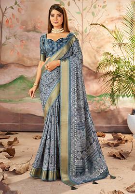 Dark Slate Grey Paisley Print Saree Set
