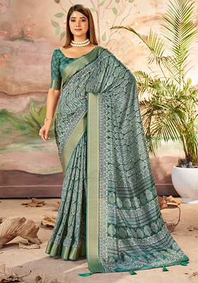 Mineral Green Paisley Print Saree Set