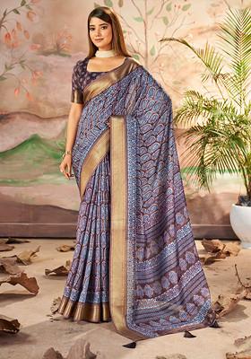 Purple And Brown Paisley Print Saree Set