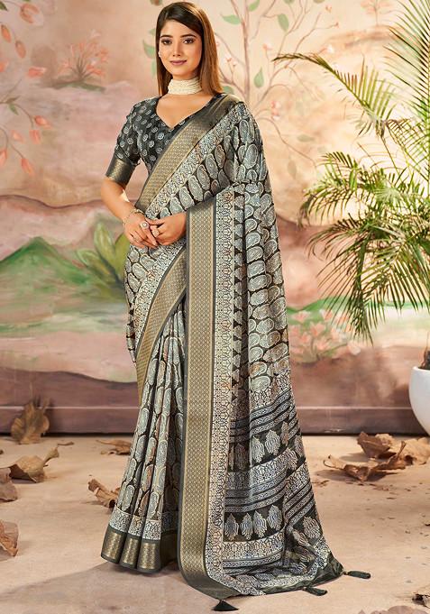 Carbon Grey Paisley Print Saree Set