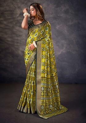 Olive Yellow Block Print Saree Set