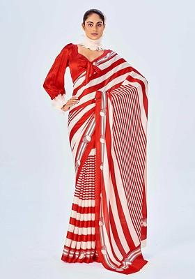 Red And White Stripe Print Saree Set