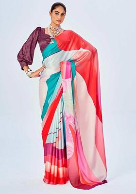 Multicolour Abstract Print Saree Set