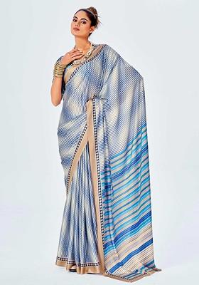 Blue And Off White Stripe Print Saree Set