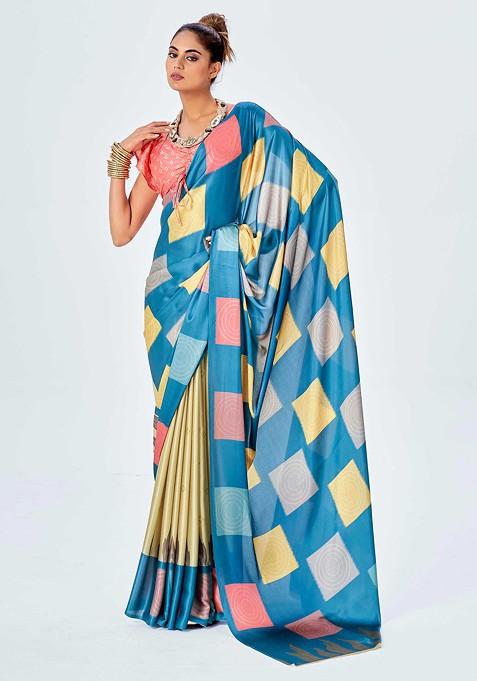 Dark Pastel And Blue Block Print Saree Set