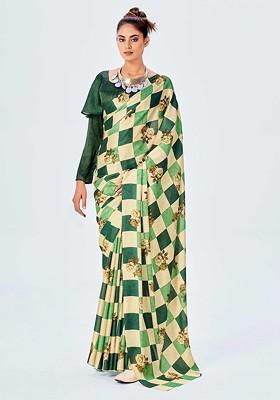 Peach And Yellow Floral Print Saree Set