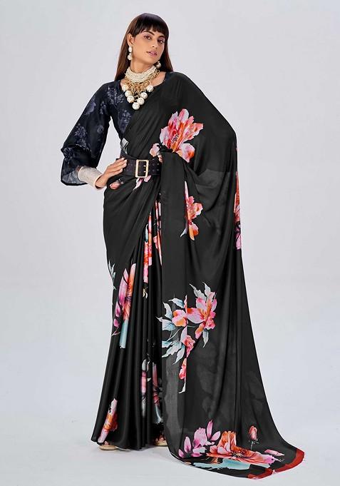 Black Floral Print Saree Set