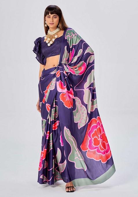 Purple Floral Print Saree Set