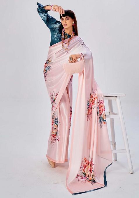 Pink Floral Print Saree Set