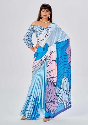 Sky Blue Floral Print Saree Set