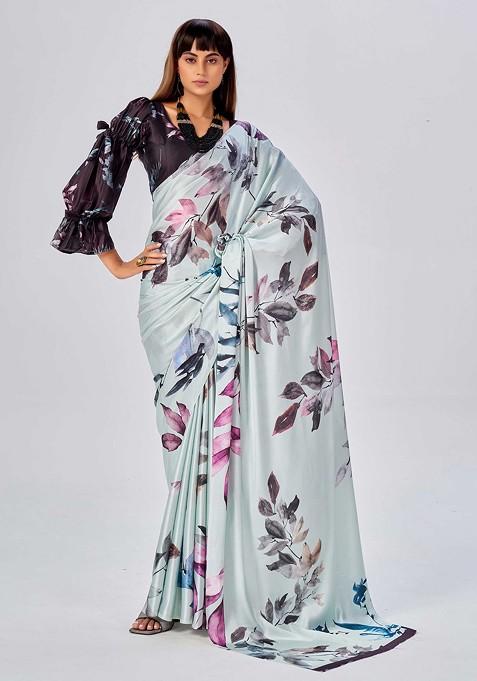 Sky Blue Floral Print Saree Set