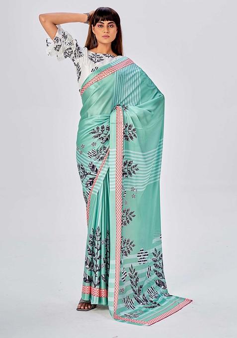 Sea Green Floral Print Saree Set