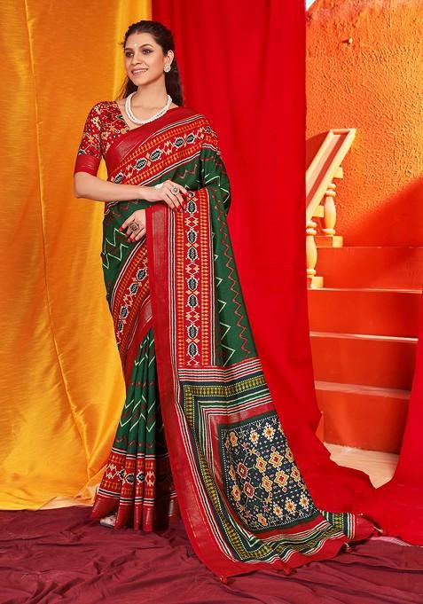 Green Patola Print Saree Set