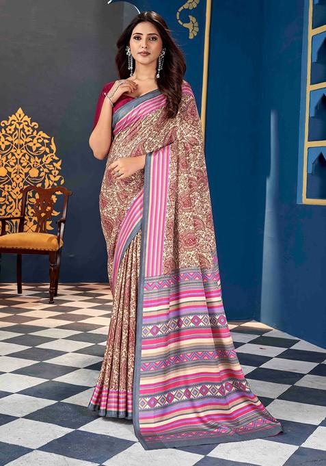 Pink Block Print Saree Set