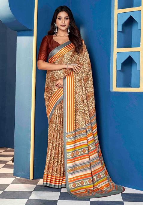 Orange Block Print Saree Set