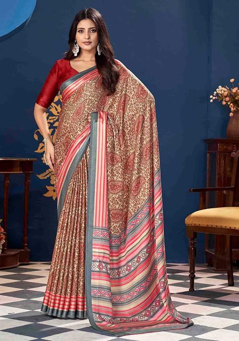 Pink Block Print Saree Set