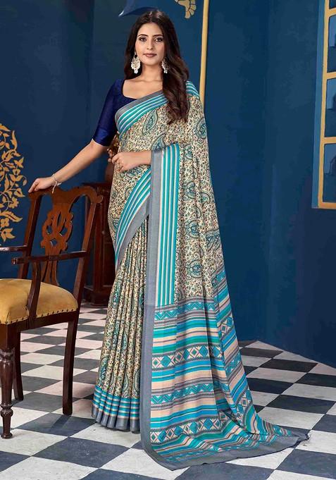 Light Blue Block Print Saree Set