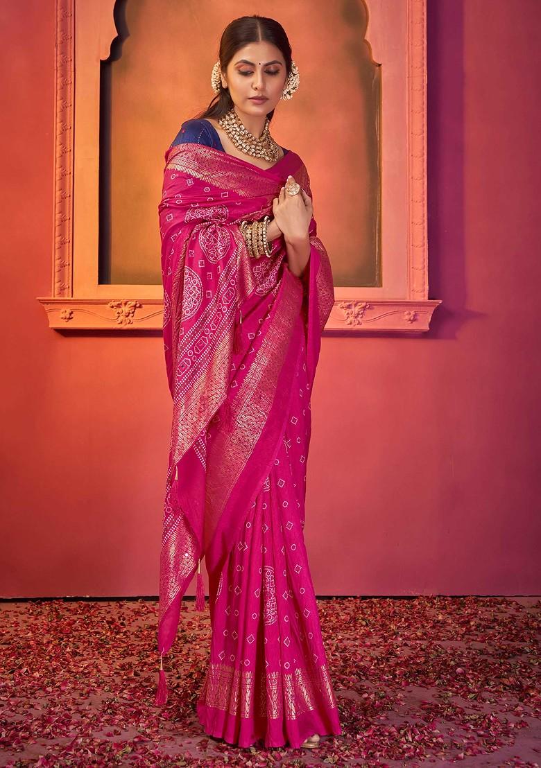 Dark Pink Bandhani Print Saree Set
