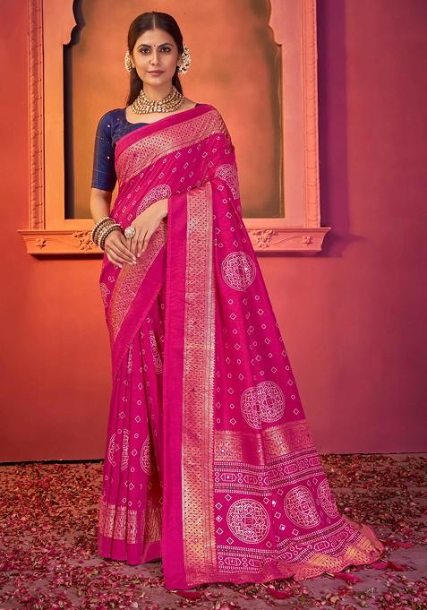 Dark Pink Bandhani Print Saree Set