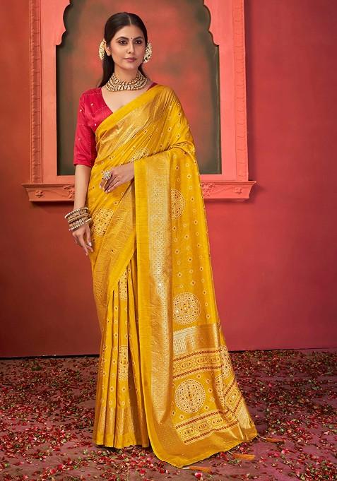 Mustard Bandhani Print Saree Set