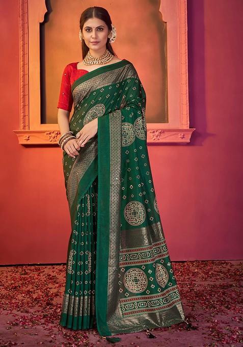 Dark Green Bandhani Print Saree Set