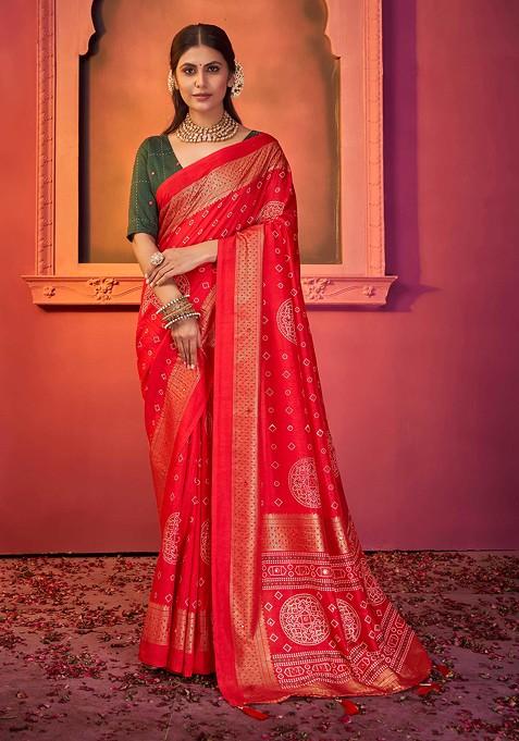 Red Bandhani Print Saree Set