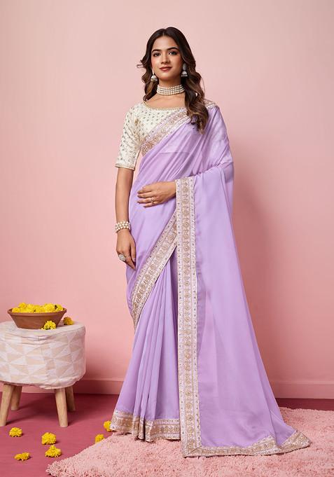 Lavender Embroidered Organza Saree