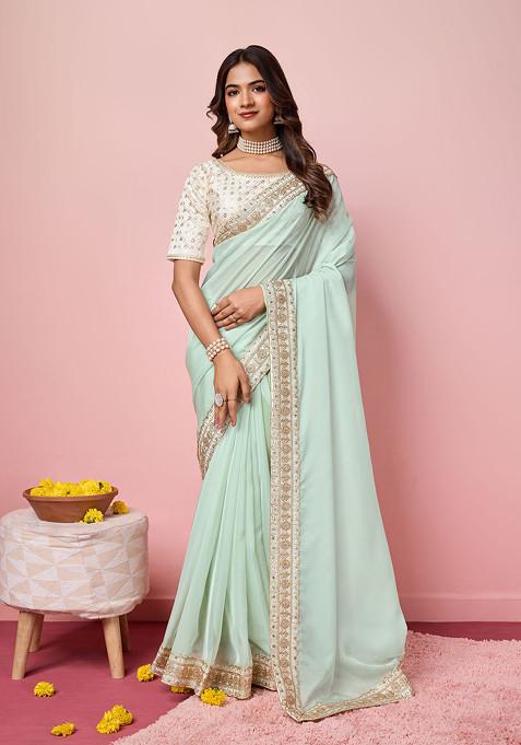 Neo Mint Green Embroidered Organza Saree