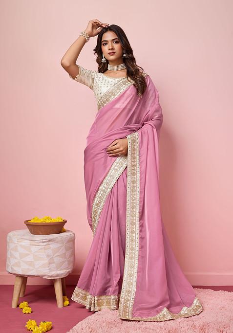 Mauve Embroidered Organza Saree