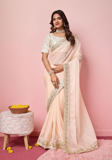 Beige Embroidered Organza Saree