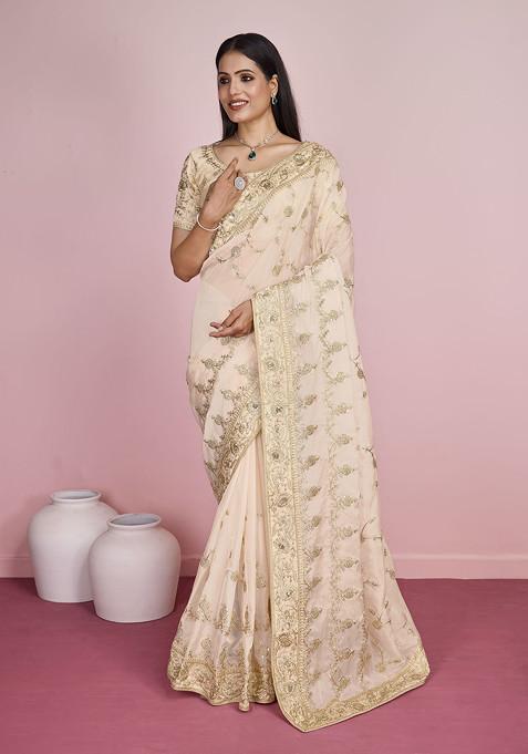 Beige Embroidered Organza Saree