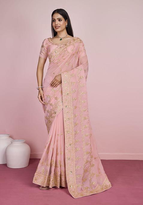 Peach Embroidered Organza Saree