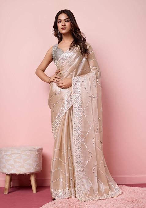 Beige Embroidered Burberry Silk Saree