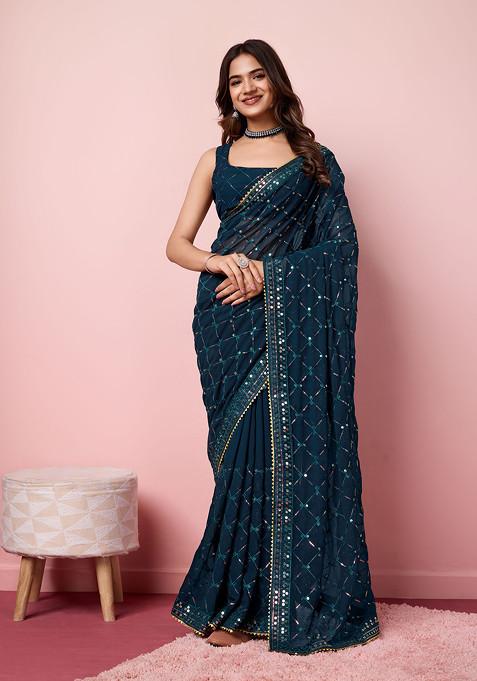 Teal Embroidered Georgette Saree