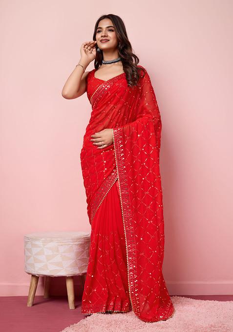 Red Embroidered Georgette Saree