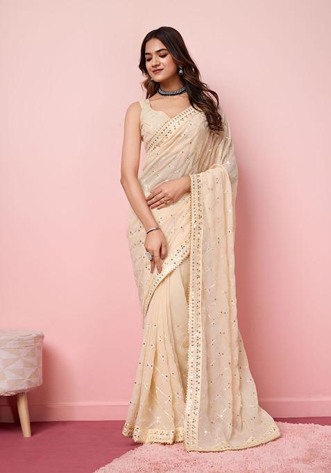 Beige Embroidered Georgette Saree