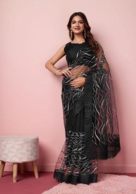 Black Embroidered Soft Net Saree