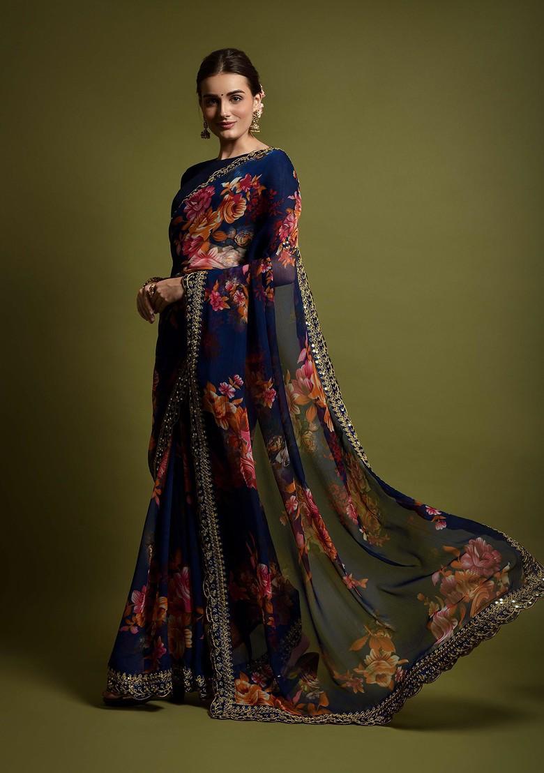Buy Women Navy Blue Aari Embroidered Georgette Saree Set Buy Women Navy Blue Aari Embroidered Georgette Saree Set