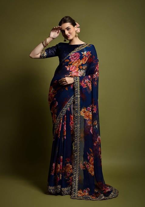 Navy Blue Aari Embroidered Georgette Saree Set