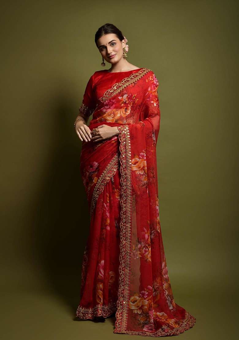 Red Aari Embroidered Georgette Saree Set - Indya
